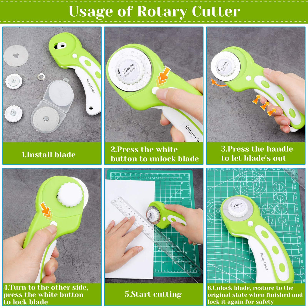 Collage showing steps for using a green and white rotary cutter, including blade installation and cutting fabric on a mat.