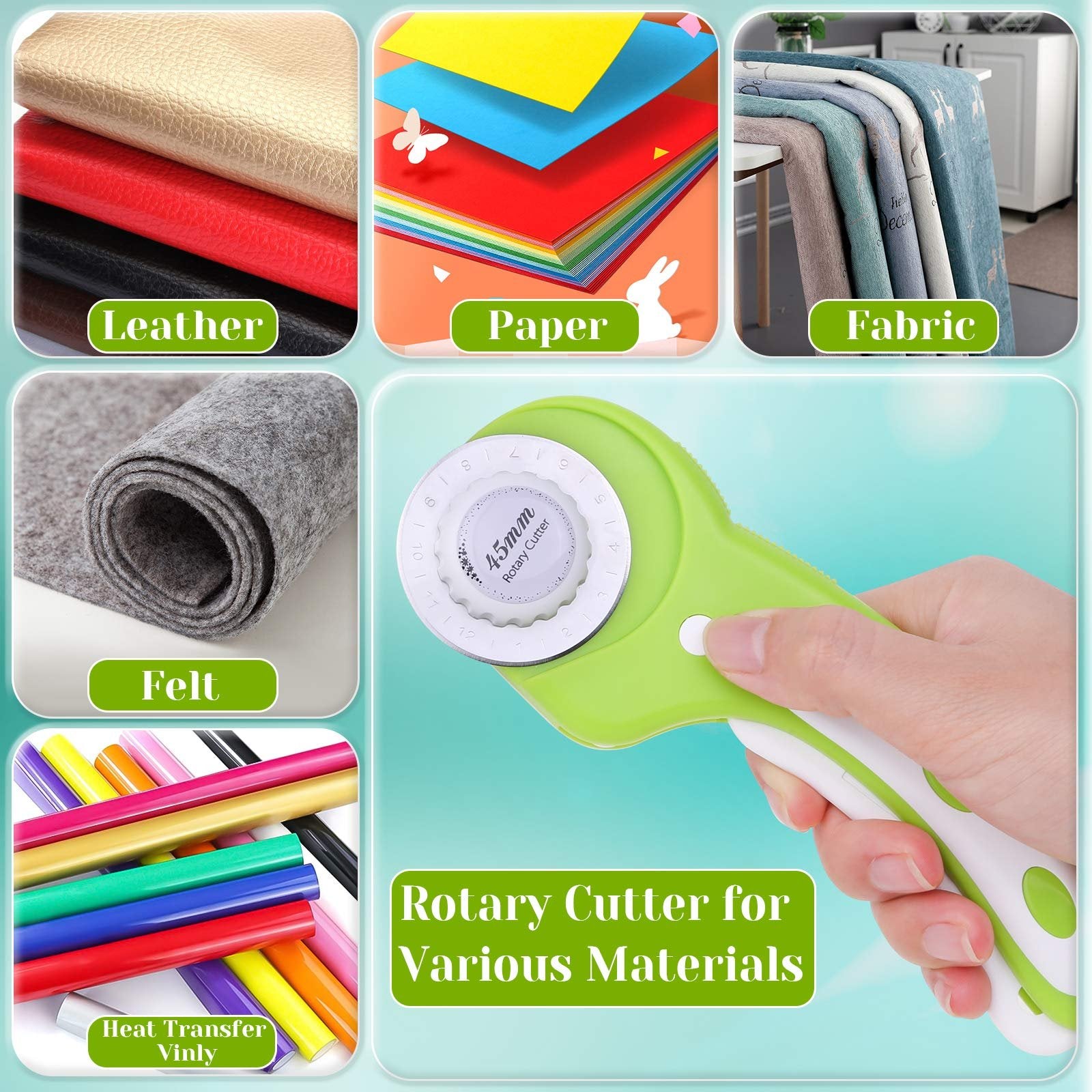 Collage of craft materials and a green rotary cutter held by a hand. Includes leather, paper, fabric, felt, heat transfer vinyl, and the rotary cutter.