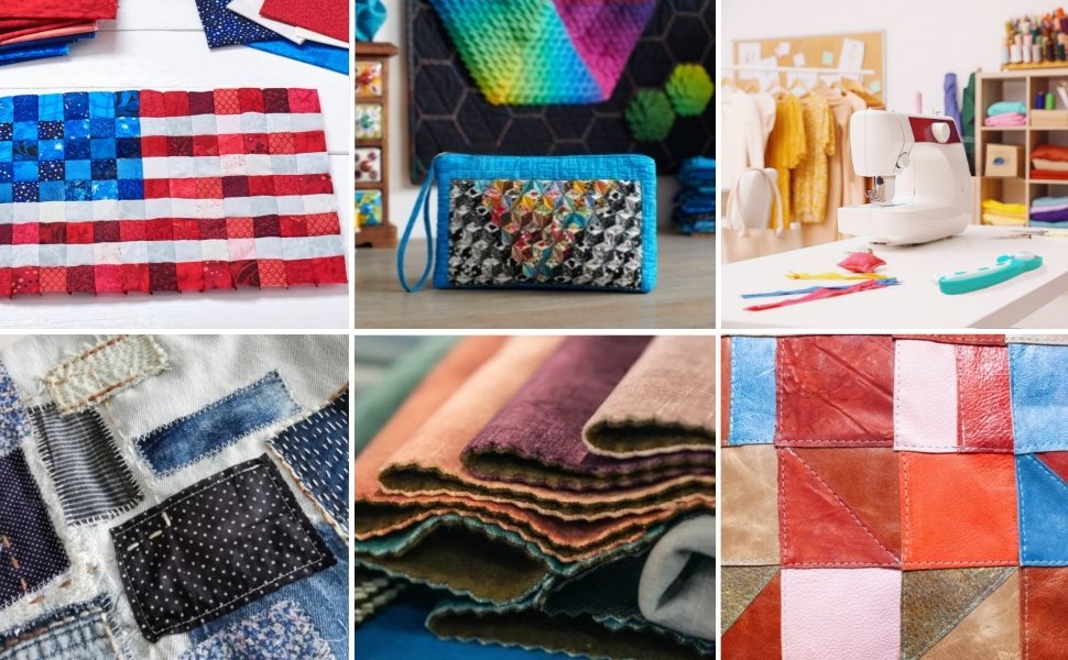 Collage of six sewing and quilting images: American flag quilt, embellished clutch, sewing machine setup, denim patchwork, fabric swatches, and leather patchwork.