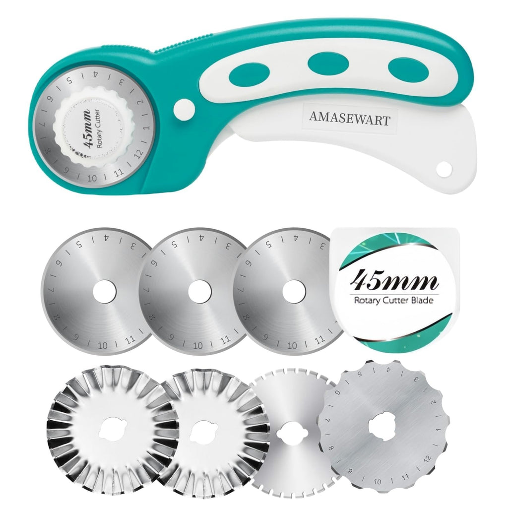 Turquoise and white rotary cutter with multiple circular blades, including straight, pinking, and skip stitch edges.