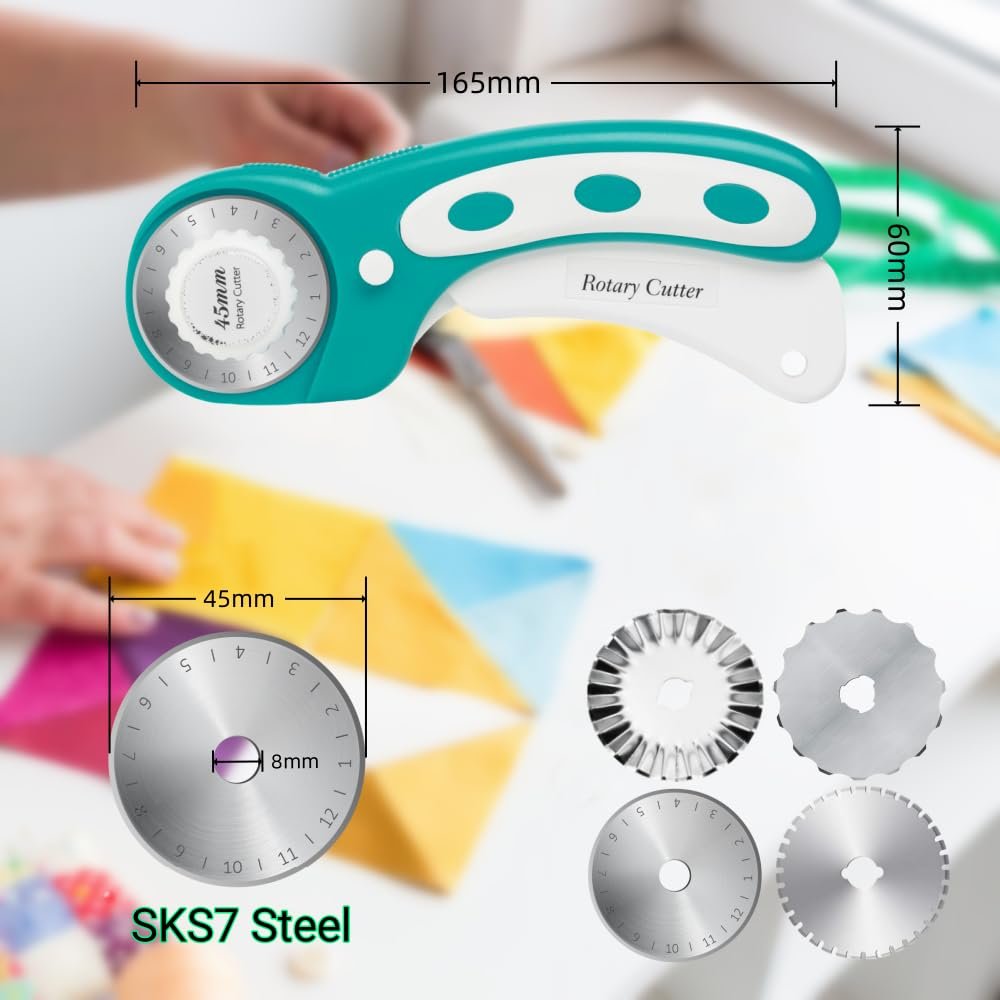 Teal and white 45mm rotary cutter with multiple blades and dimensions shown, on a colorful background.