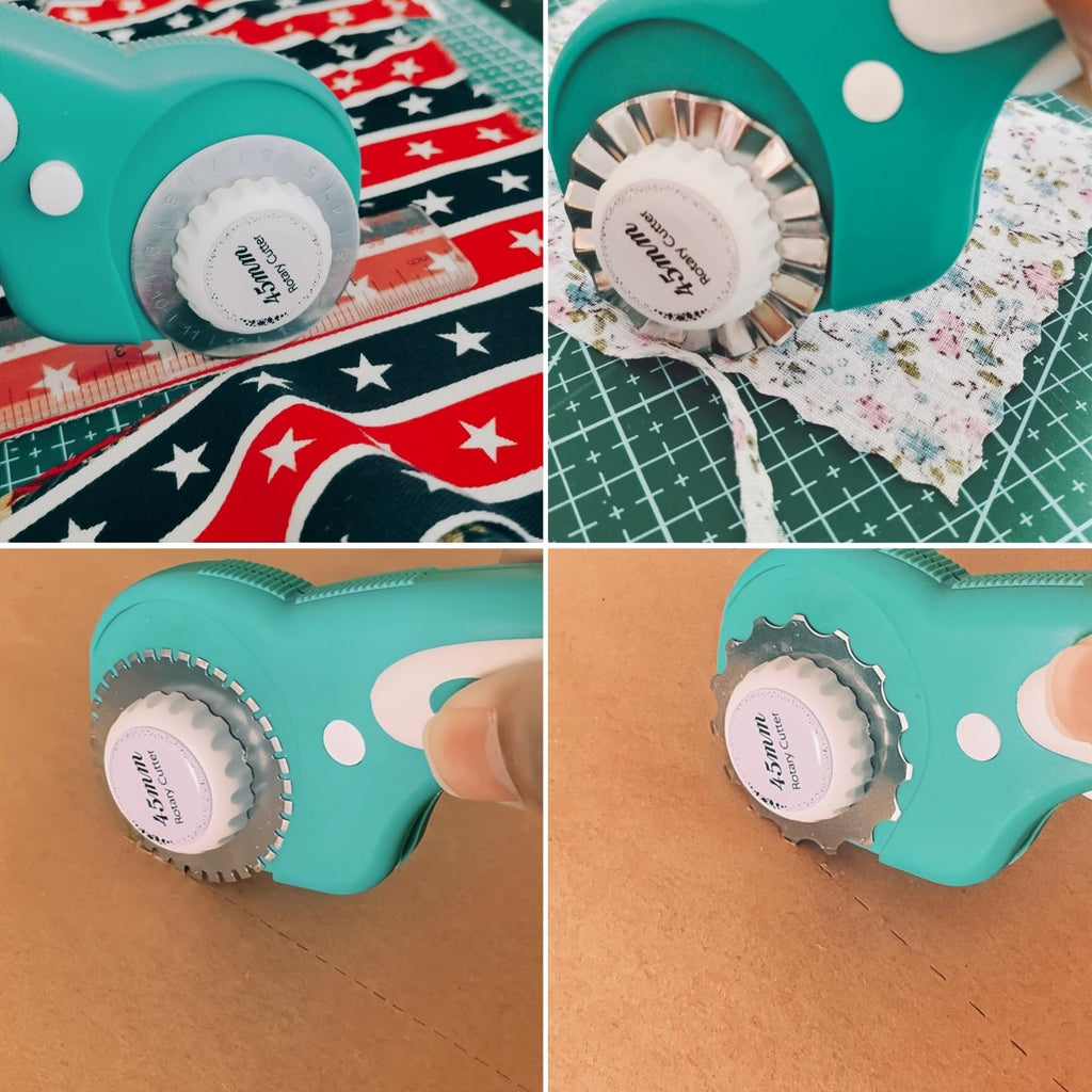 Teal rotary cutter with 45mm blade cutting fabric and paper, close-up shots.