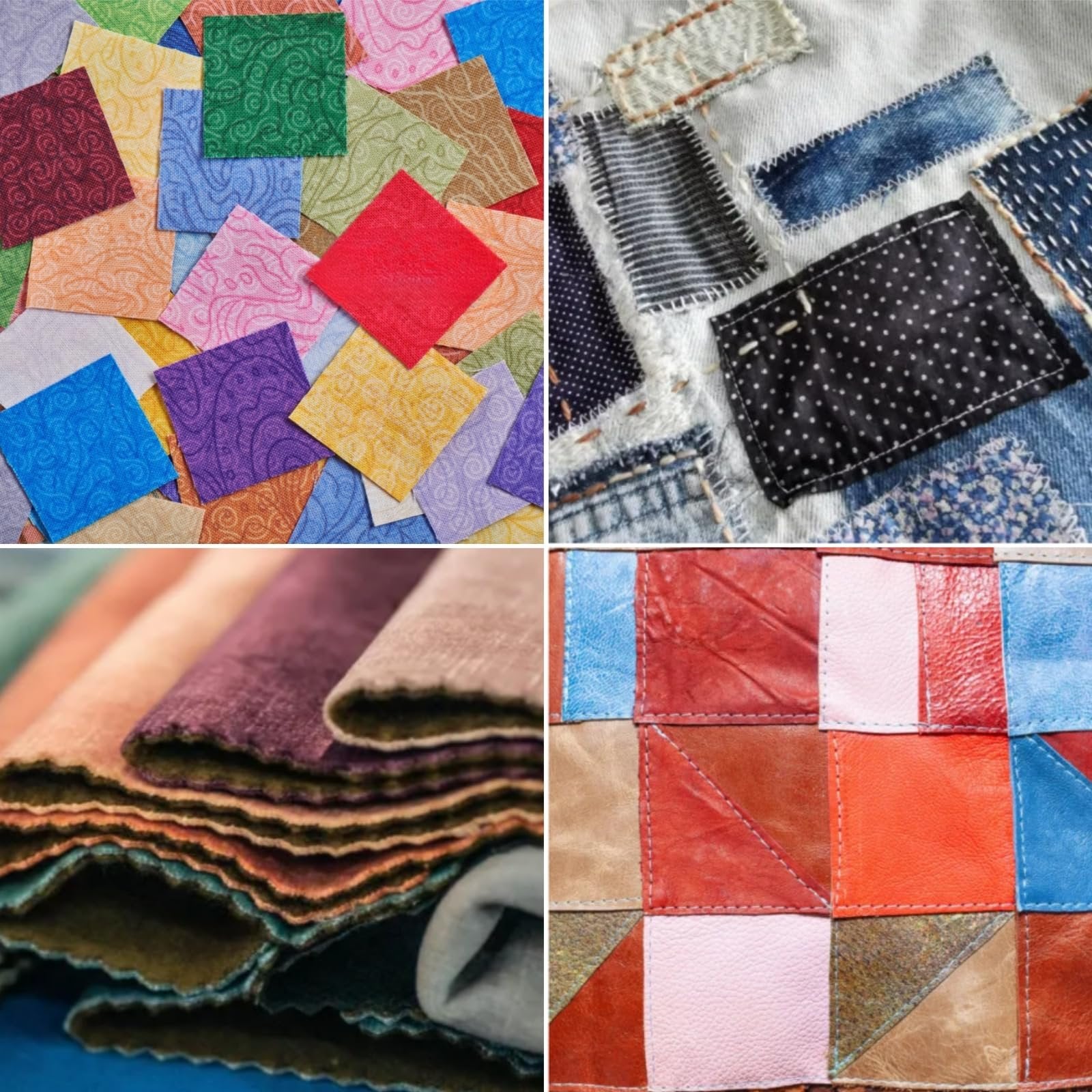 Collage of four fabric swatches: colorful patterned squares, denim patches, stacked textured fabrics, and a patchwork of leather squares.
