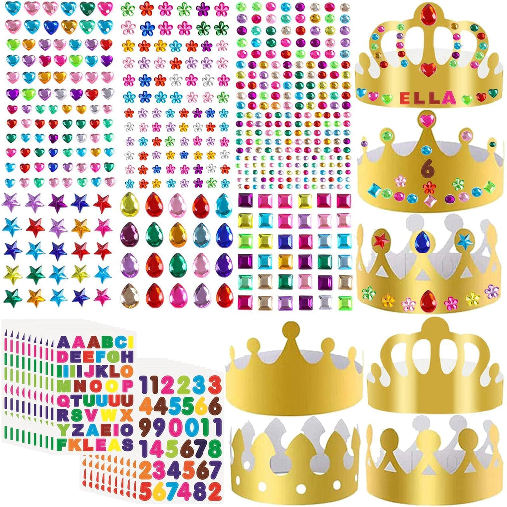 Gold paper crowns and sheets of colorful adhesive jewels, gems, stickers, letters, and numbers for DIY party hats.