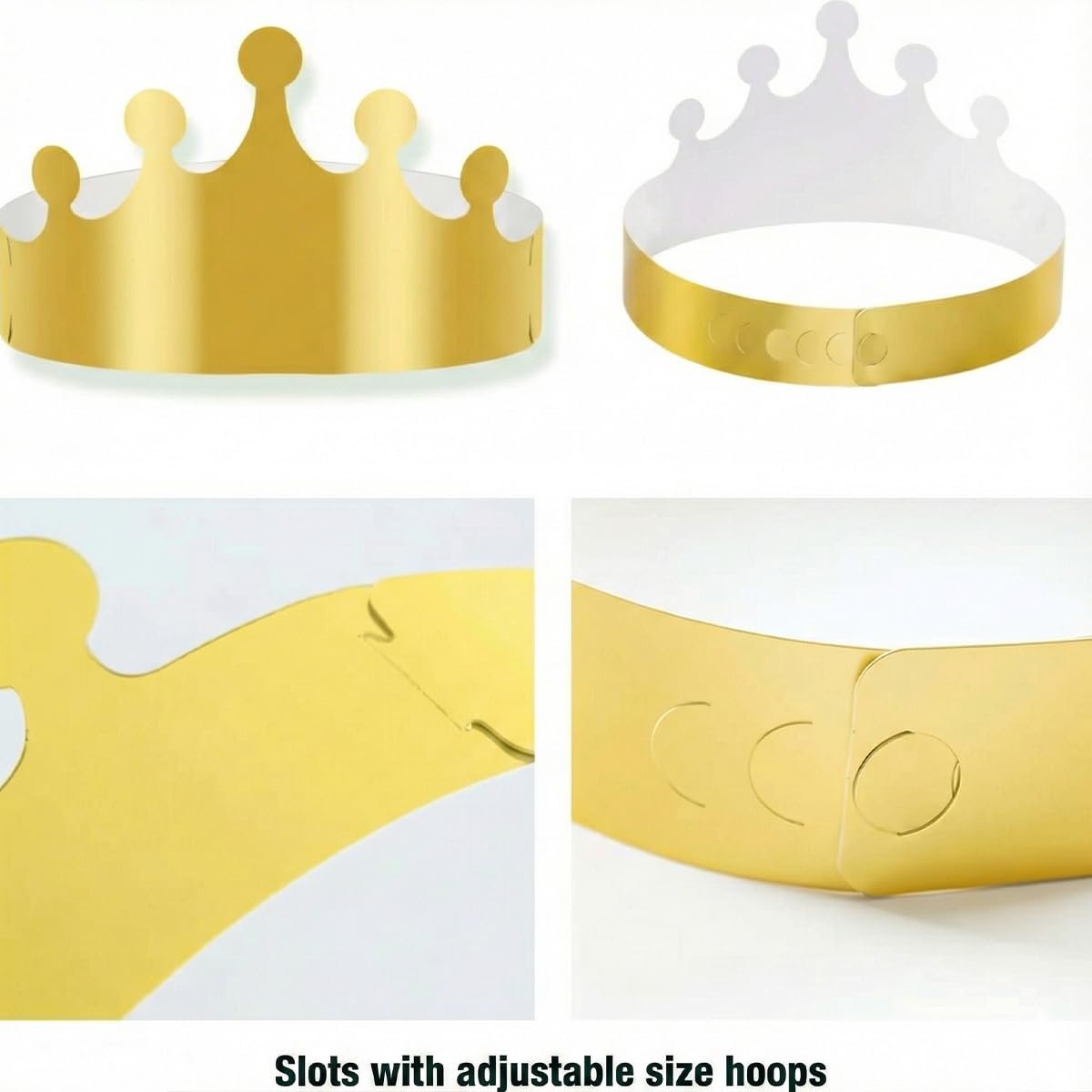 Two gold paper crowns, one front view, one angled back view, with close-ups showing adjustable size slots.