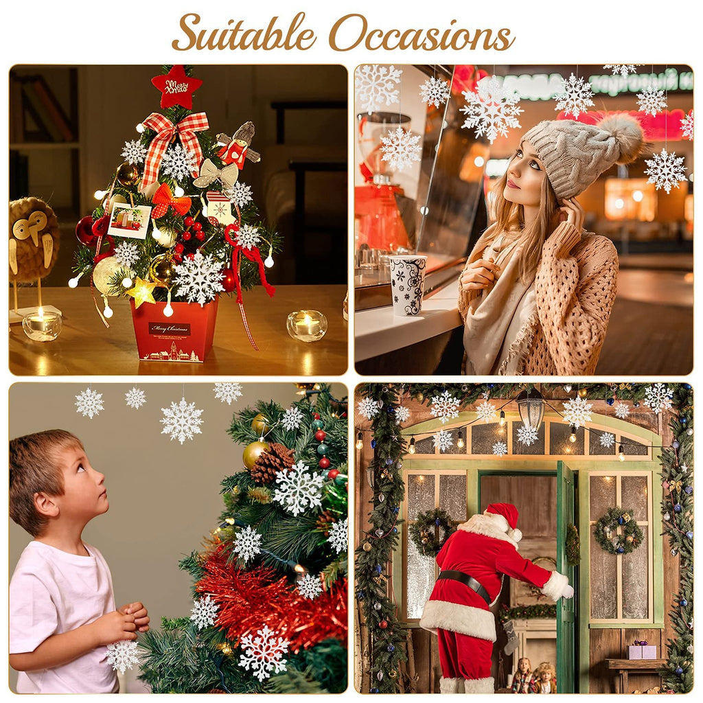 Collage of four Christmas scenes featuring white glitter snowflake ornaments on trees, windows, and a doorway.