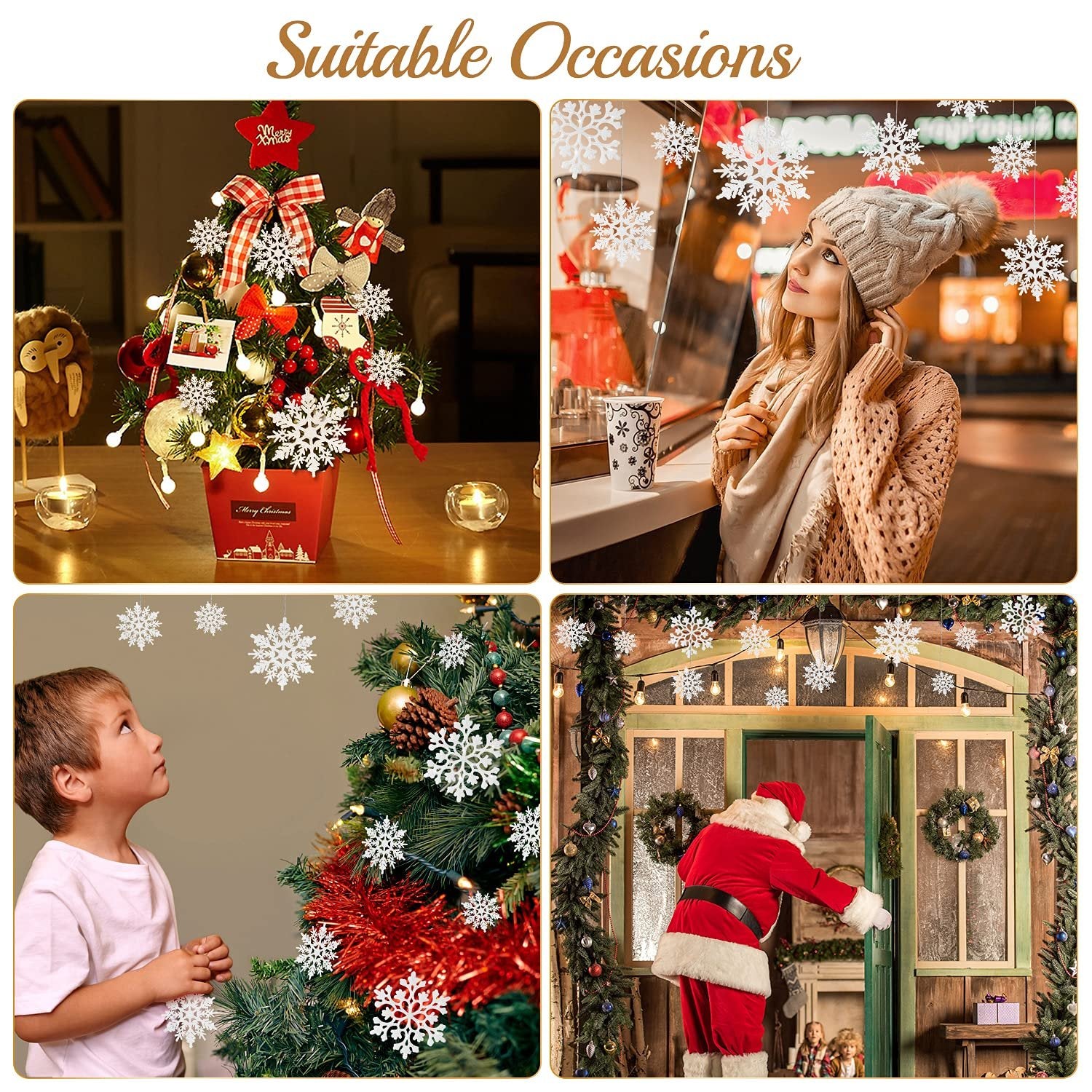 Collage of four Christmas scenes featuring white glitter snowflake ornaments on trees, windows, and a doorway.