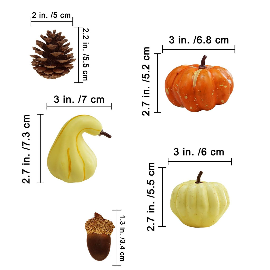 Four artificial fall harvest decor items: pinecone, orange pumpkin, yellow gourd, and acorn, each with dimension labels.