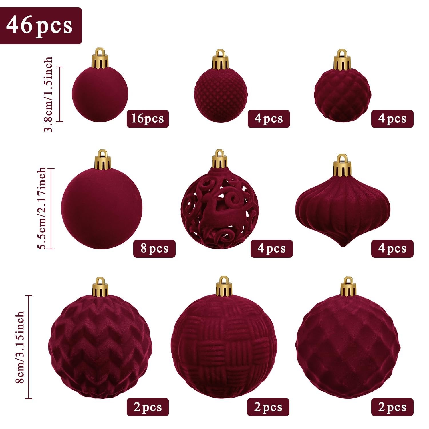 Set of burgundy flocked velvet Christmas ball ornaments in assorted sizes and textures, with quantity labels.