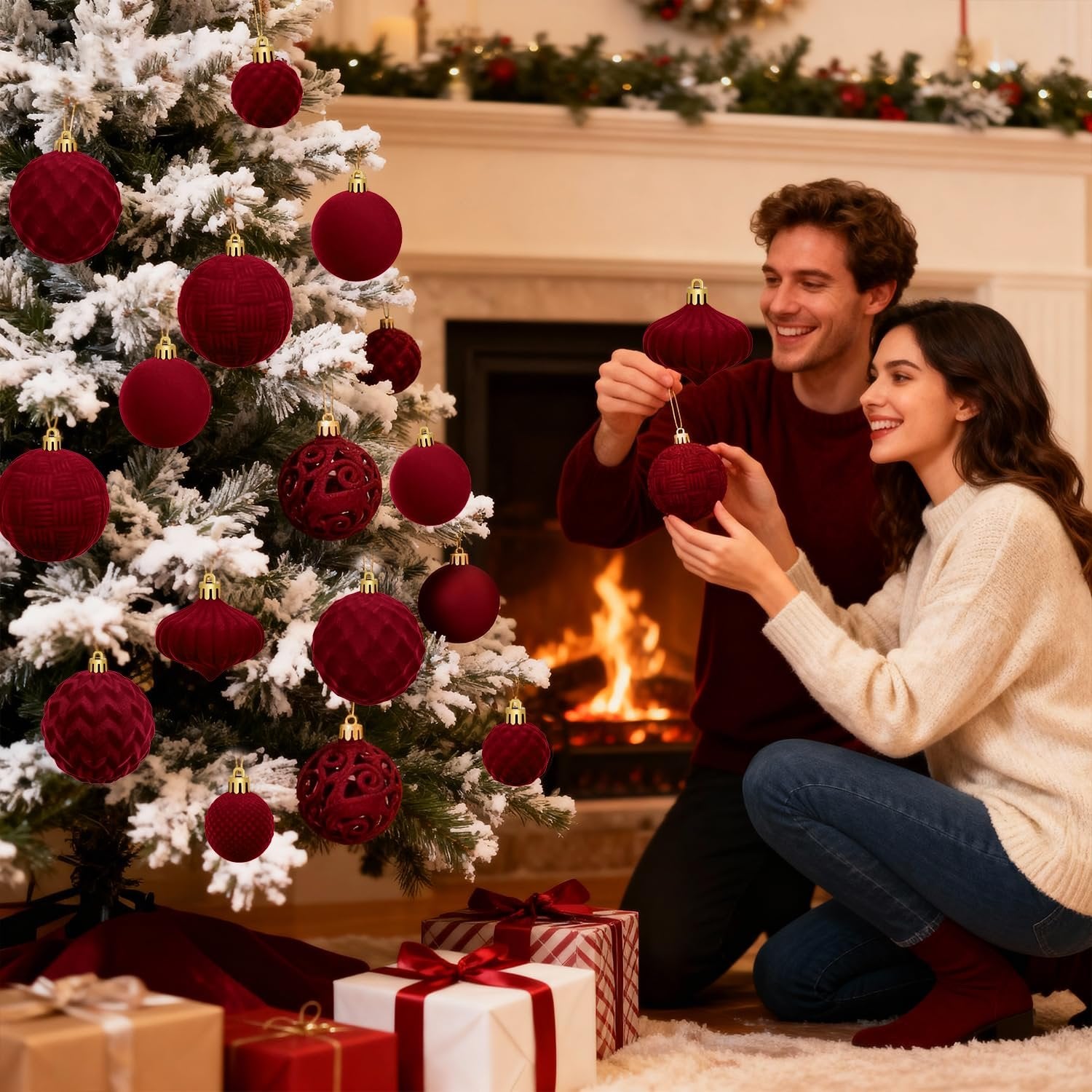 Couple decorating a flocked Christmas tree with burgundy flocked velvet ornaments, fireplace and gifts in background