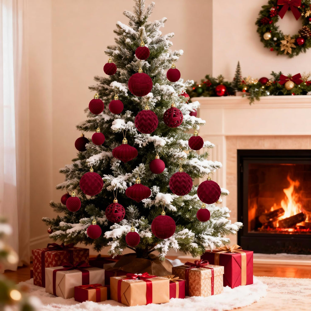 Flocked Christmas tree decorated with burgundy ornaments and gifts underneath, fireplace with a wreath above.