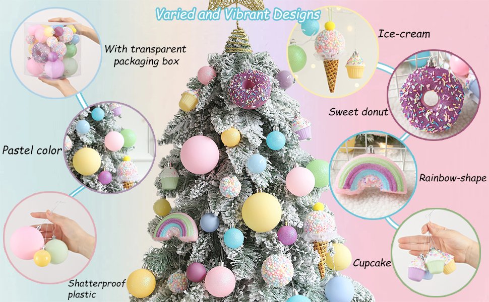 Pastel Christmas ornaments in various shapes including donuts, ice cream cones, cupcakes, and rainbows, displayed on a flocked tree.