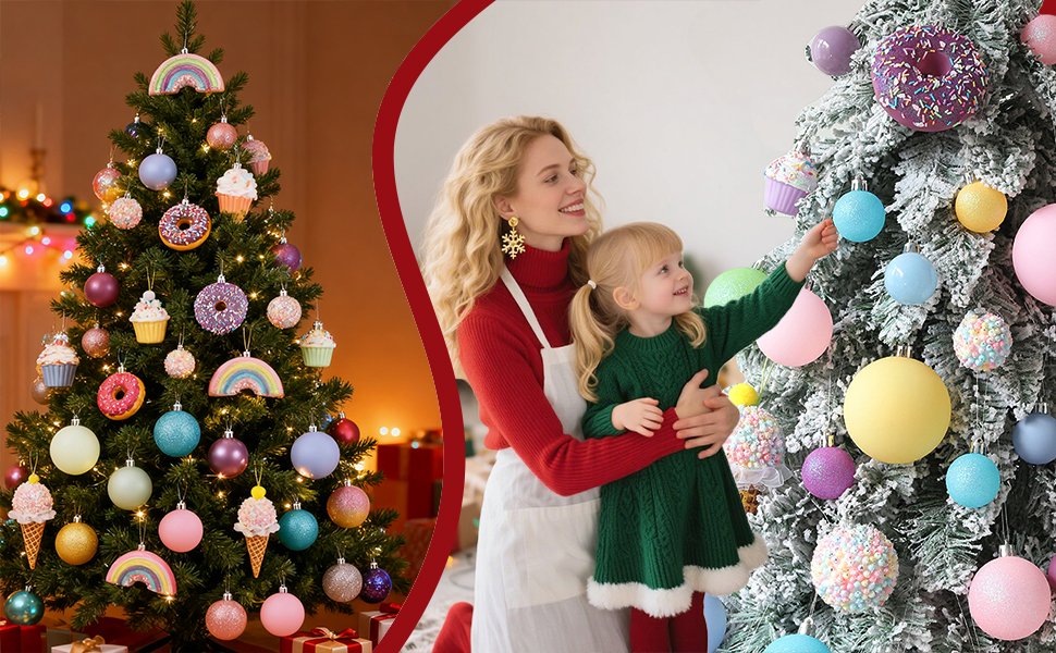 Woman and child decorating a Christmas tree with pastel macaron and candy-shaped ornaments