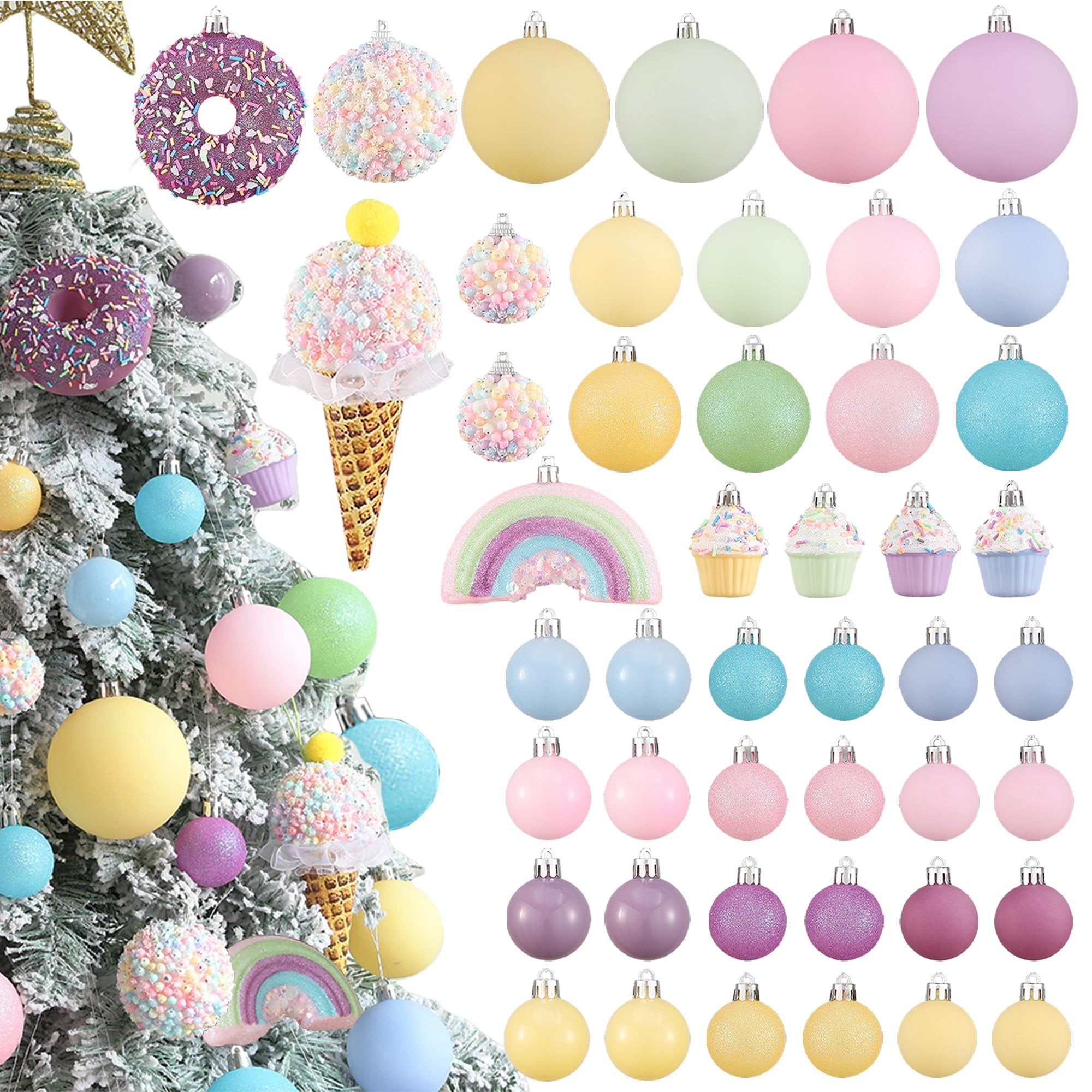 Pastel Christmas ornaments in various shapes including donuts, ice cream cones, cupcakes, rainbows, and round balls, displayed on a flocked tree and in rows.