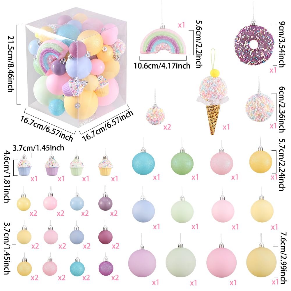 Pastel Christmas ornaments in various shapes including balls, cupcakes, donuts, rainbows, and ice cream cones, with dimensions shown.