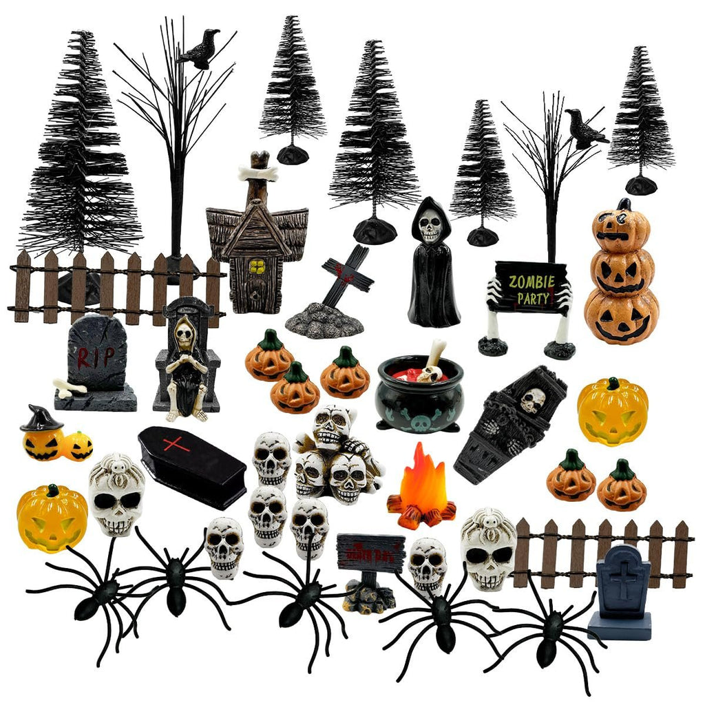 Halloween village figurines including pumpkins, skeletons, tombstones, spiders, trees, and a cauldron on a white background.