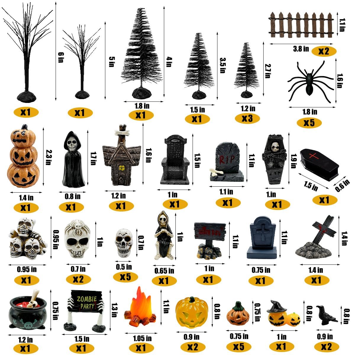 Halloween village figurines including trees, pumpkins, skeletons, tombstones, spiders, and a cauldron, with dimensions and quantities labeled.