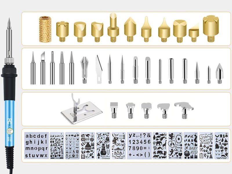 Wood burning kit with pyrography pen, various tips, stencils, and hot knife attachments displayed in sections.