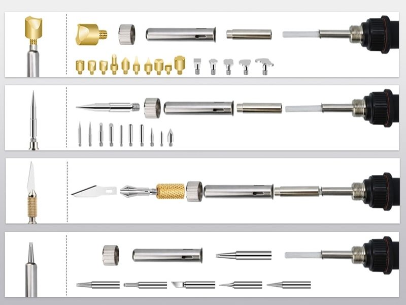 Exploded view of wood burning kit components including pen, various tips, and attachments.