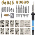 Wood burning kit with various tips, stencils, and a pyrography pen on a white background.