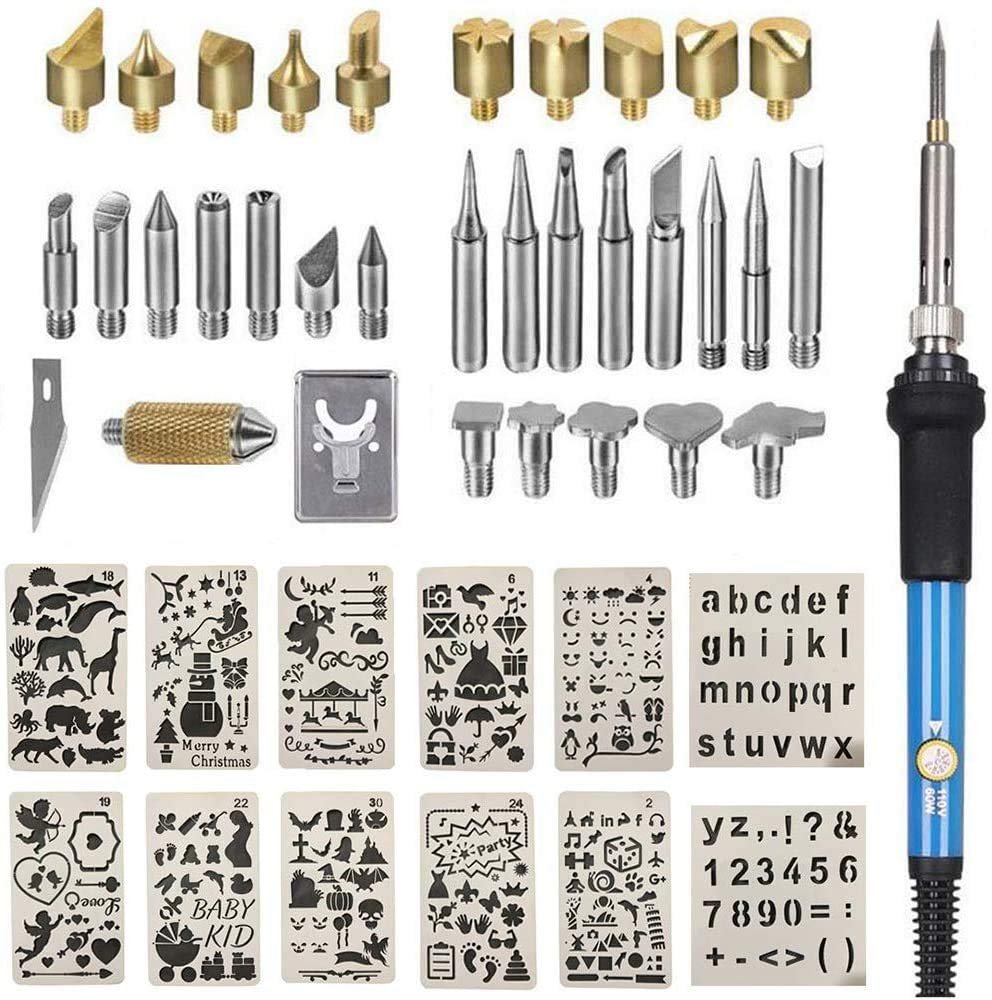 Wood burning kit with various tips, stencils, and a pyrography pen on a white background.