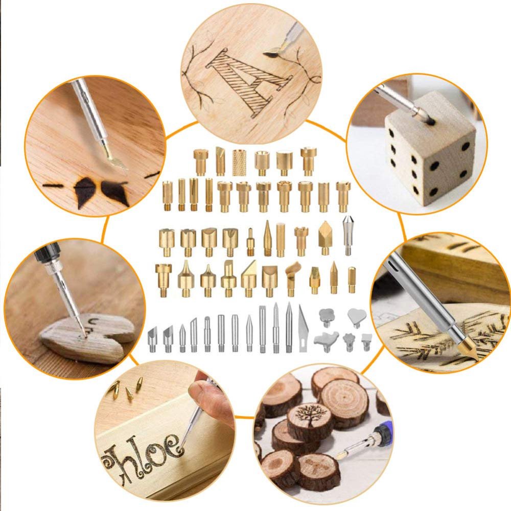 Wood burning kit with various tips, pyrography pen, and examples of wood art on wood slices and planks.