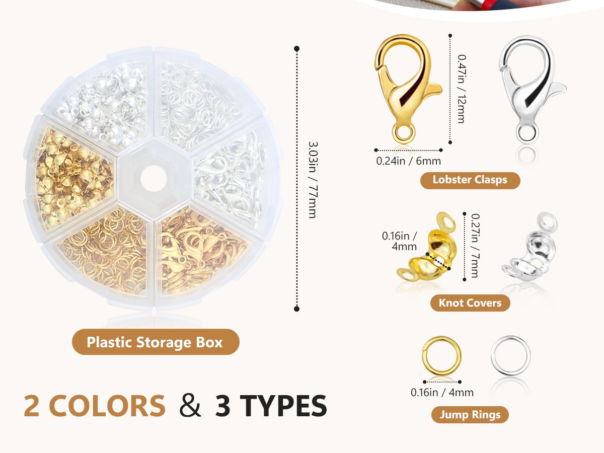 Jewelry making findings in a plastic storage box with labels for lobster clasps, knot covers, and jump rings.