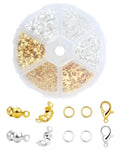 Jewelry making findings set in a divided plastic case, showing gold and silver bead tip knot covers, jump rings, and lobster clasps.