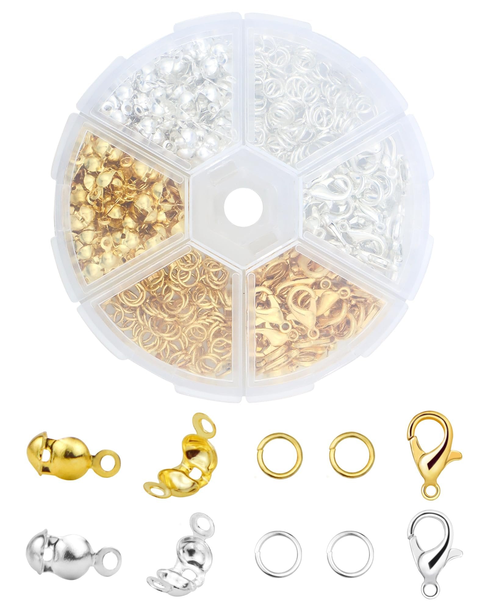 Jewelry making findings set in a divided plastic case, showing gold and silver bead tip knot covers, jump rings, and lobster clasps.