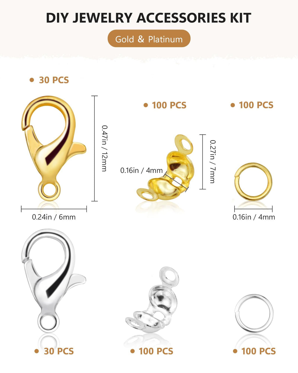 Gold and silver jewelry findings including lobster clasps, bead tip knot covers, and jump rings, with dimensions shown.