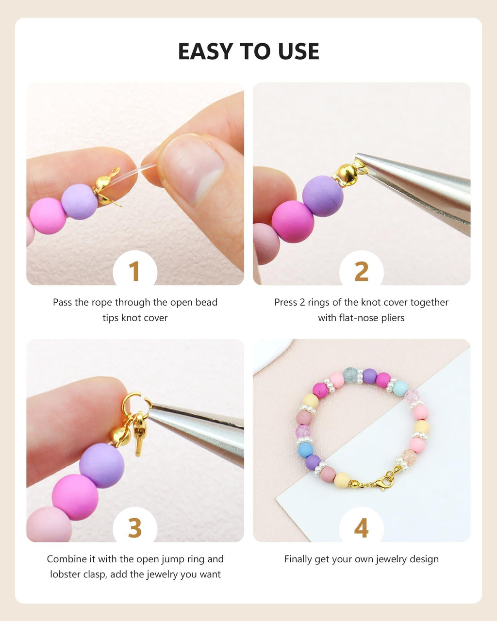 Four-panel infographic showing steps to make jewelry with beads and findings. Step 1: threading rope through knot cover. Step 2: crimping knot cover. Step 3: attaching jump ring and clasp. Step 4: finished colorful beaded bracelet.