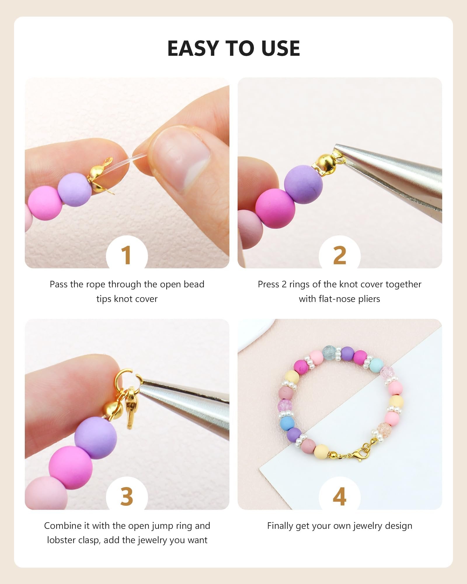 Four-panel infographic showing steps to make jewelry with beads and findings. Step 1: threading rope through knot cover. Step 2: crimping knot cover. Step 3: attaching jump ring and clasp. Step 4: finished colorful beaded bracelet.