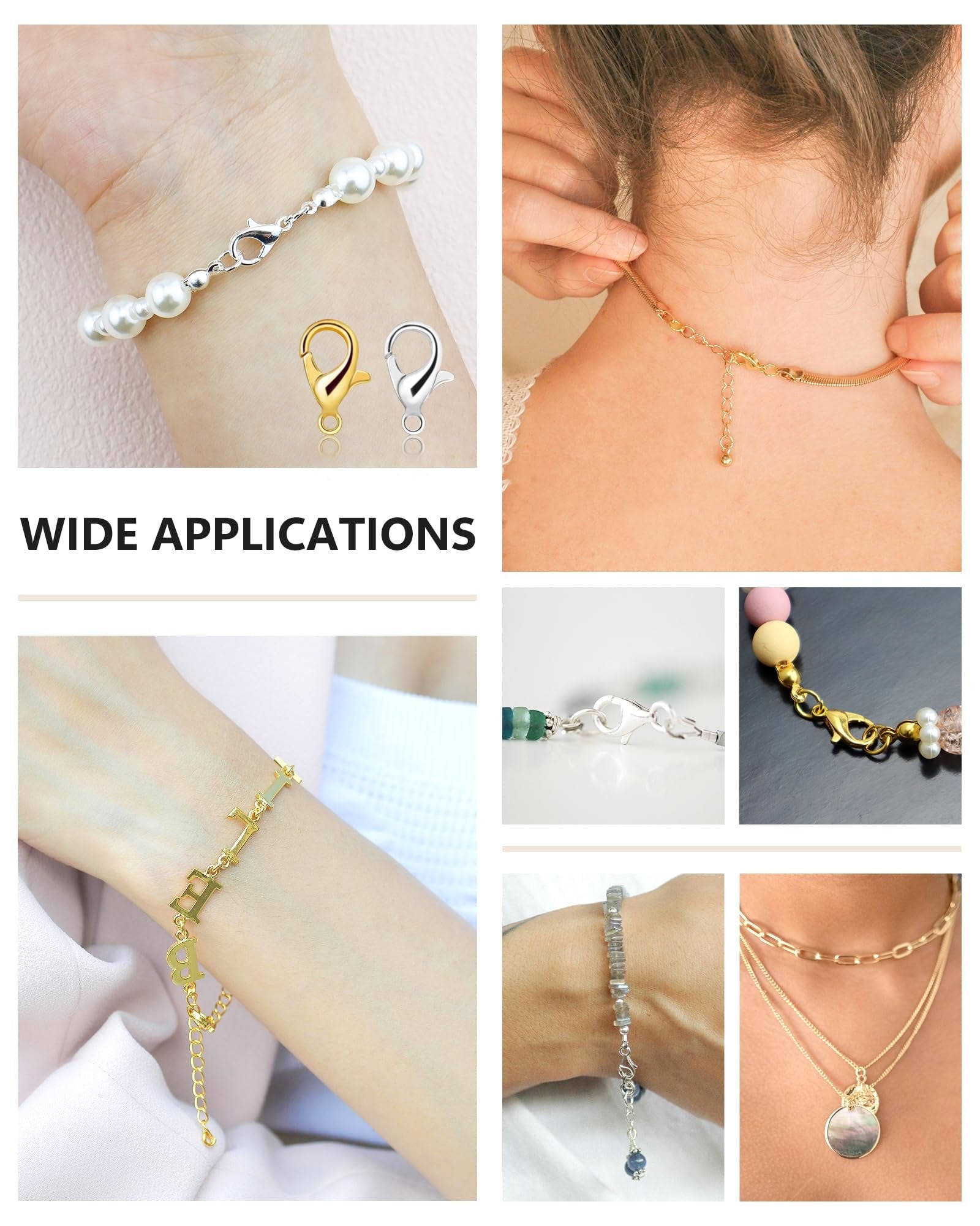 Collage of jewelry findings and examples of their use, including bracelets and necklaces.