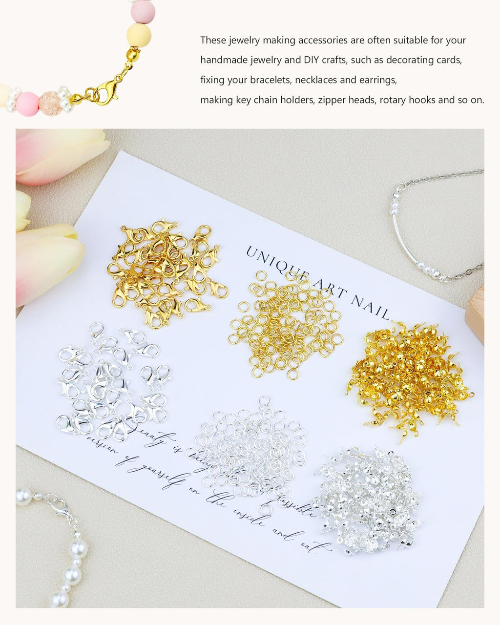 Assortment of gold and silver jewelry making findings including clasps, jump rings, and bead tips on a white card with text.