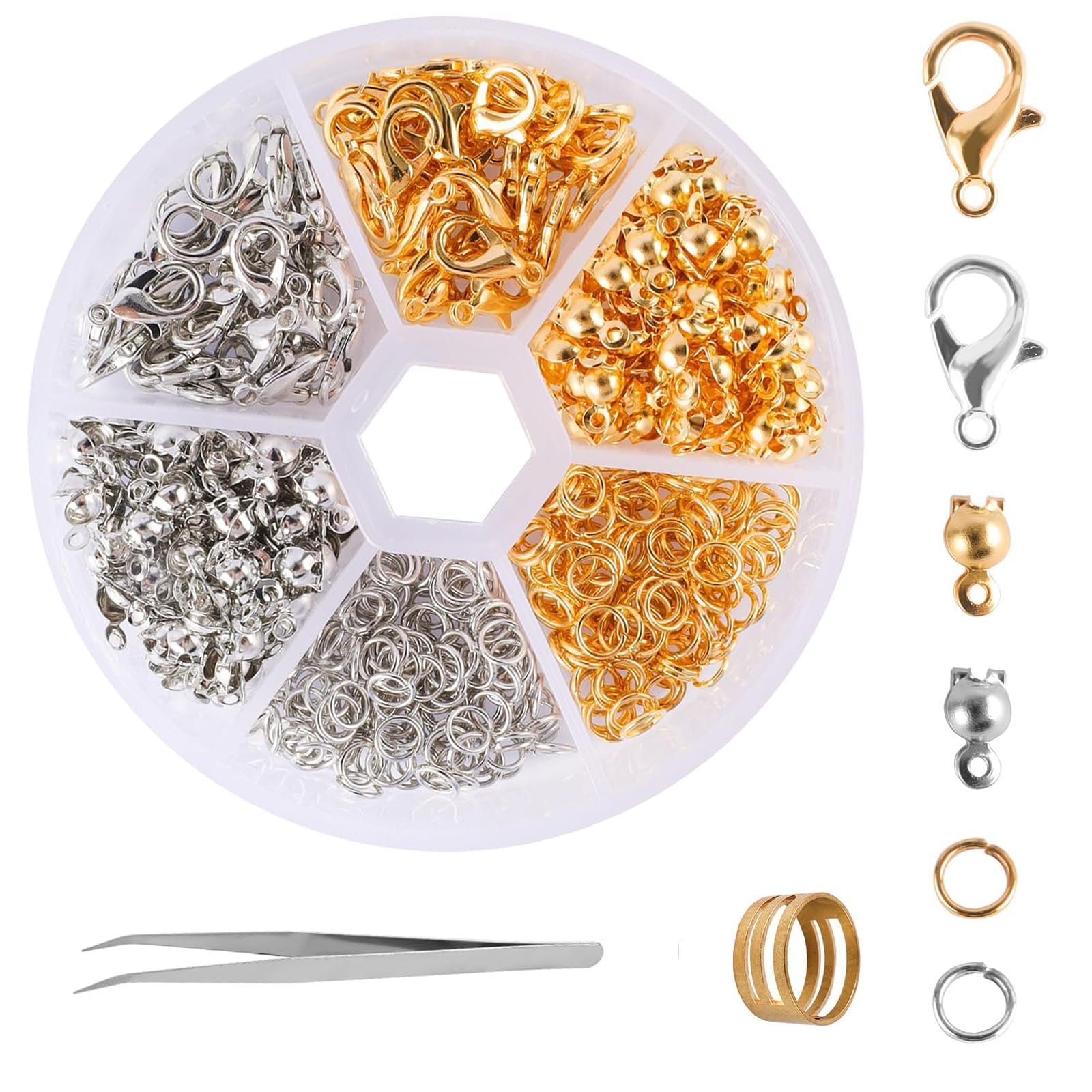 Jewelry making kit with gold and silver clasps, jump rings, crimp ends, and tweezers in a divided container.