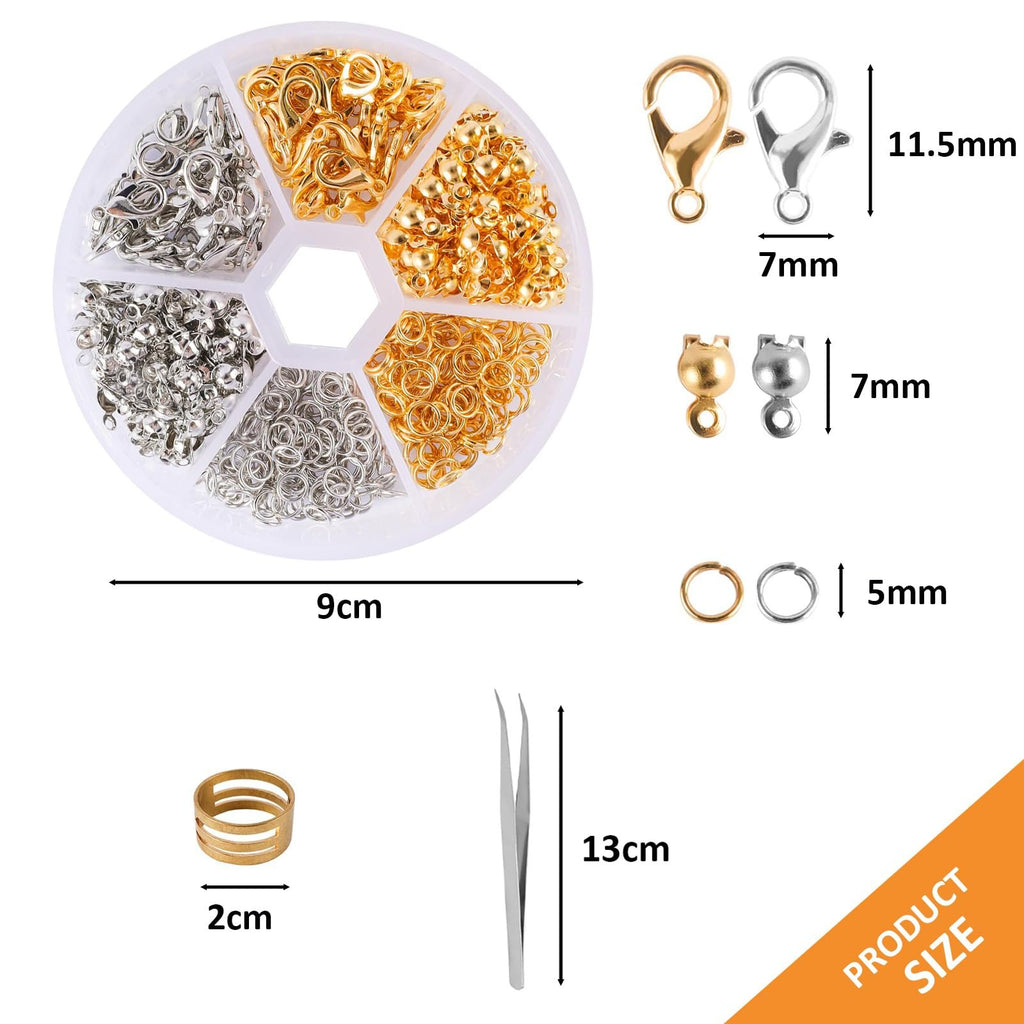 Jewelry making kit components including clasps, jump rings, crimp ends, and tweezers with size callouts.