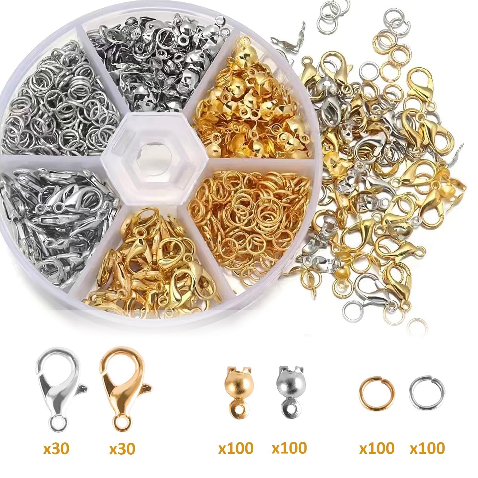 Jewelry making kit with gold and silver clasps, jump rings, and crimp ends in a divided container and scattered around.
