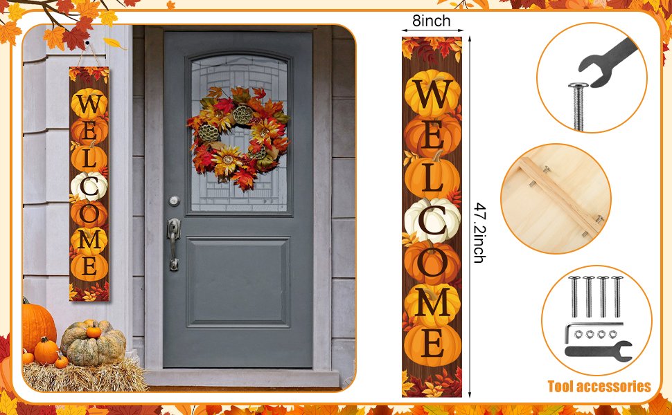 Fall porch sign with pumpkins and leaves spelling WELCOME, shown hanging by a door and as a product detail with dimensions and tools.