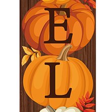 Three-piece fall wooden porch sign with pumpkins and maple leaves, vertical orientation.