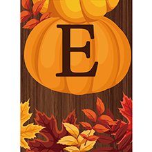 Three-piece fall wooden porch sign with pumpkins and maple leaves, featuring the letter E.