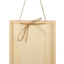 Close-up of a wooden porch sign frame with twine hanger and bow, isolated on white background.