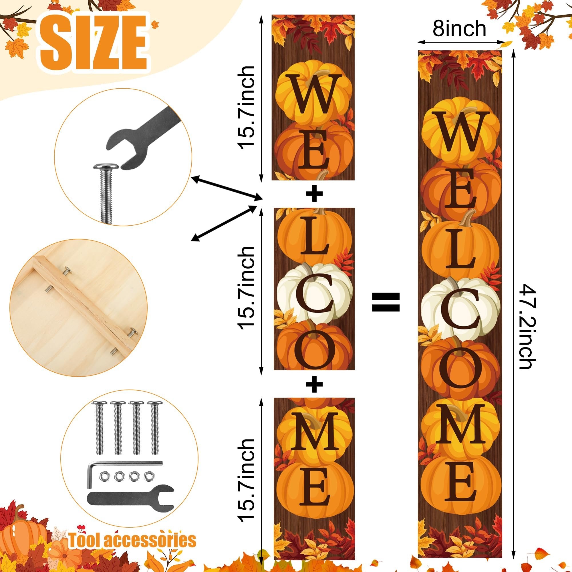 Three-piece fall porch sign showing pumpkins and leaves spelling WELCOME, with assembly tools and dimensions.