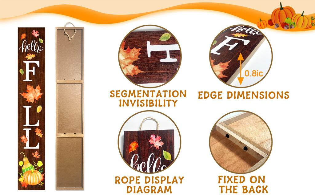 Vertical wooden porch sign with 'hello F L L' and autumn leaves, shown with back view and detail shots.