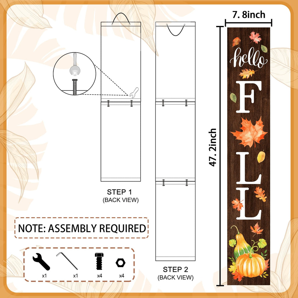 Diagram showing assembly steps and dimensions for a wooden 'Hello Fall' porch sign with autumn leaves and pumpkins.