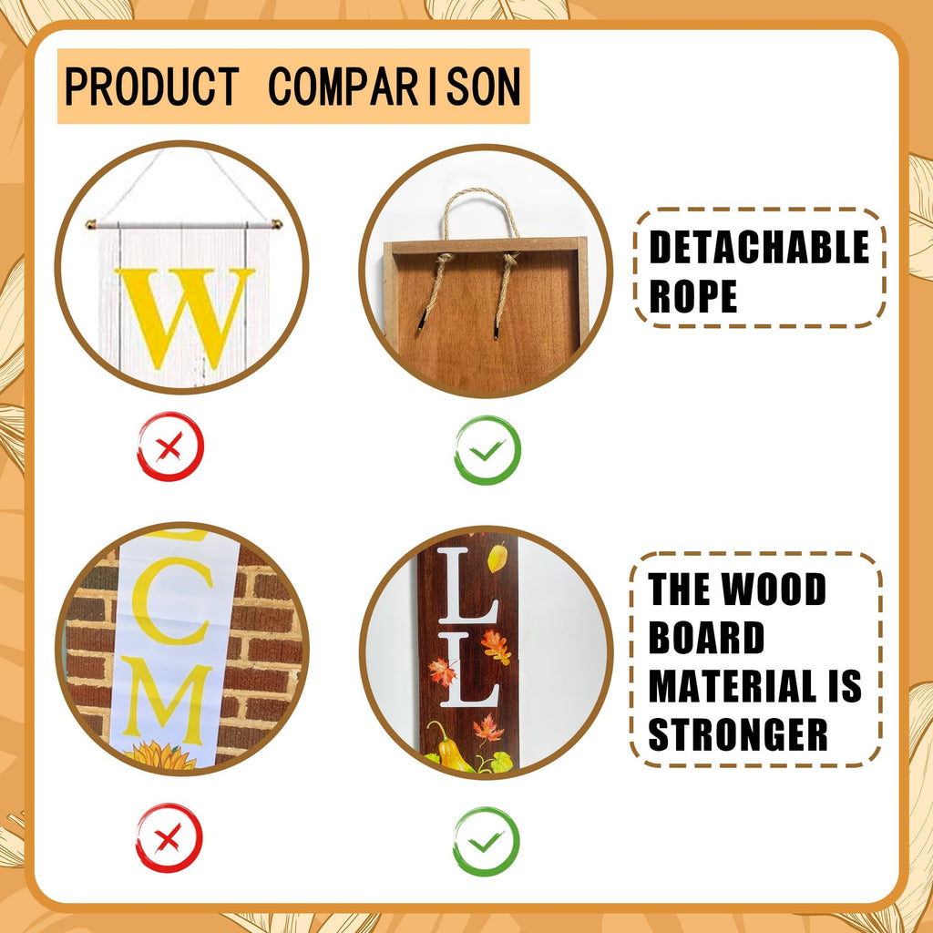 Product comparison showing different porch sign attachments and wood board strength.
