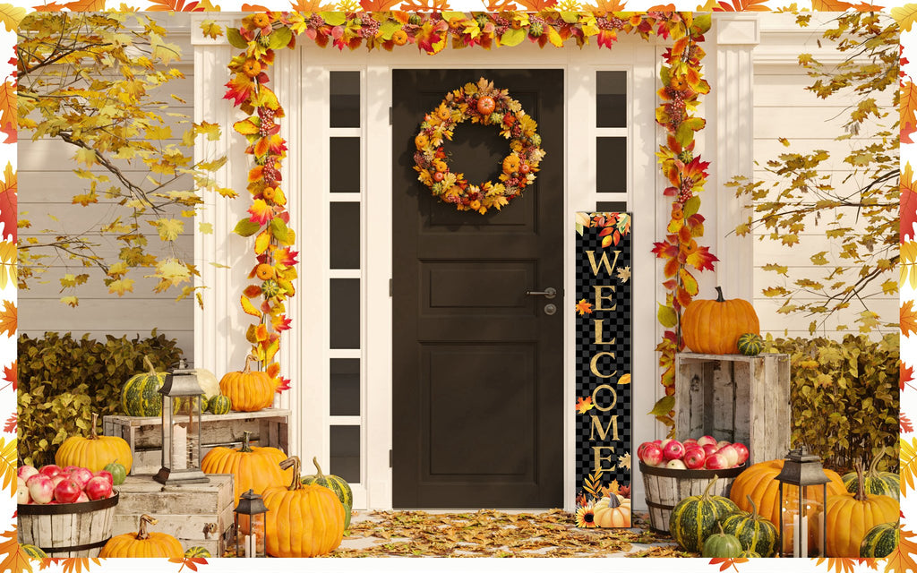 Front door decorated for autumn with pumpkins, fall leaves, and a welcome sign.