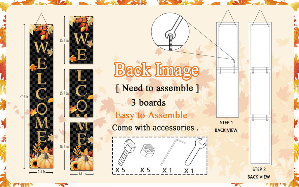 Vertical porch sign with 'WELCOME' text and autumn leaves, showing dimensions and assembly instructions.