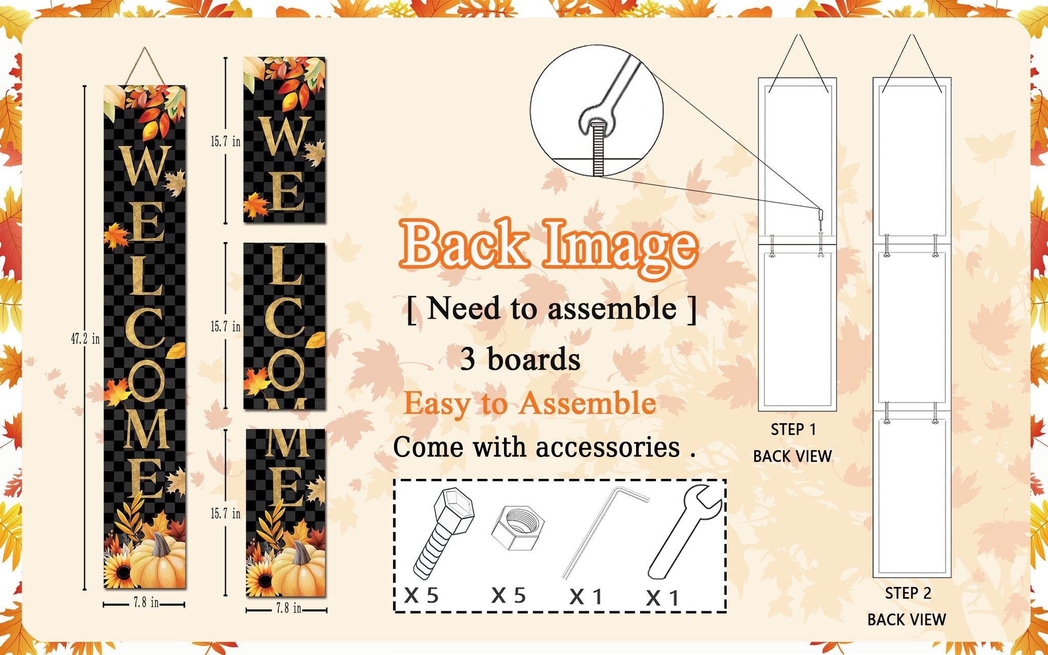 Vertical porch sign with 'WELCOME' text and autumn leaves, showing dimensions and assembly instructions.