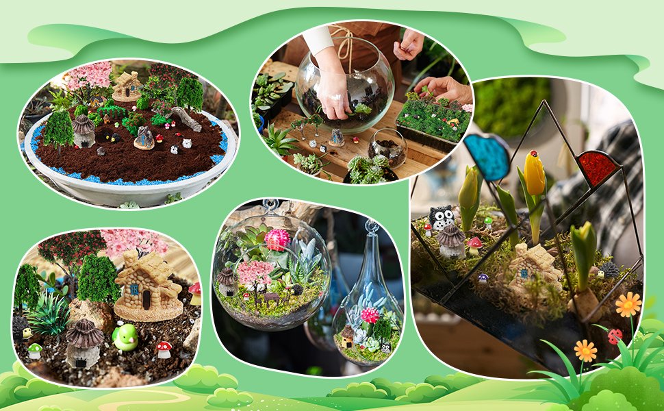Collage of miniature garden scenes with figurines, trees, moss, and houses in various settings like bowls and terrariums.