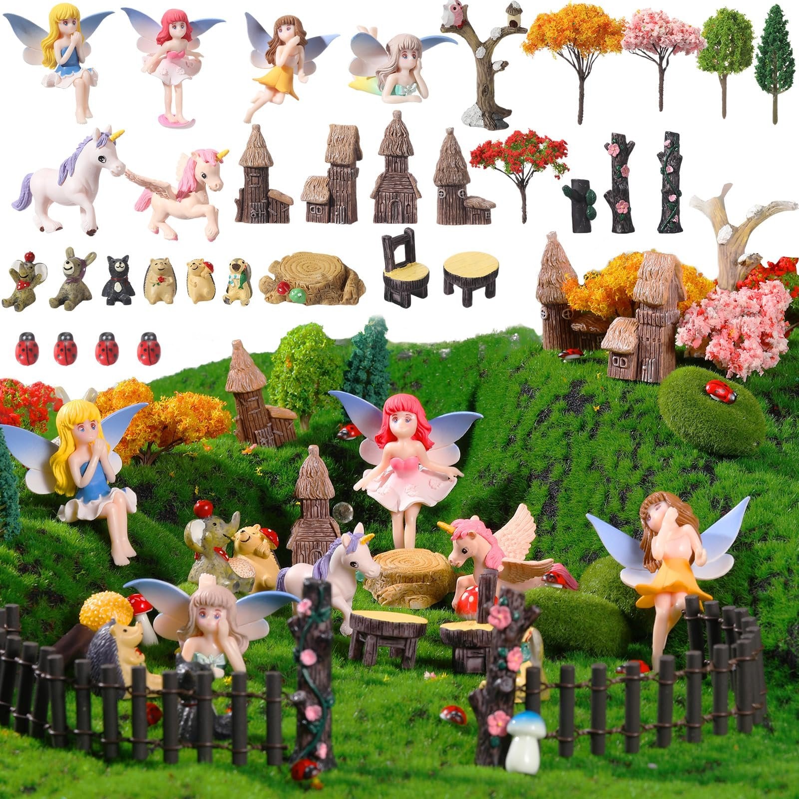 Fairy garden miniature set with figurines, unicorns, houses, trees, and moss on a grassy landscape.